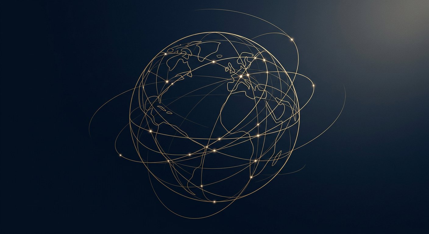 Globe stylisé doré — origination stratégique internationale